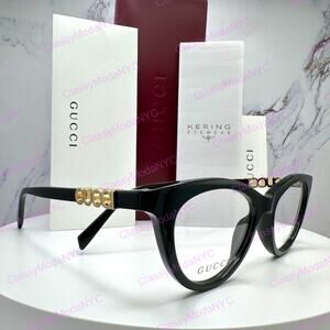 New GUCCI Eyeglasses Black 50mm Acetate Cat Eye Gold Cut Out Metal Logo Rx-able